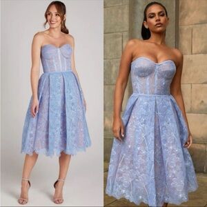 NADINE MERABI Olivia  Strapless Lace Dress periwinkle medium